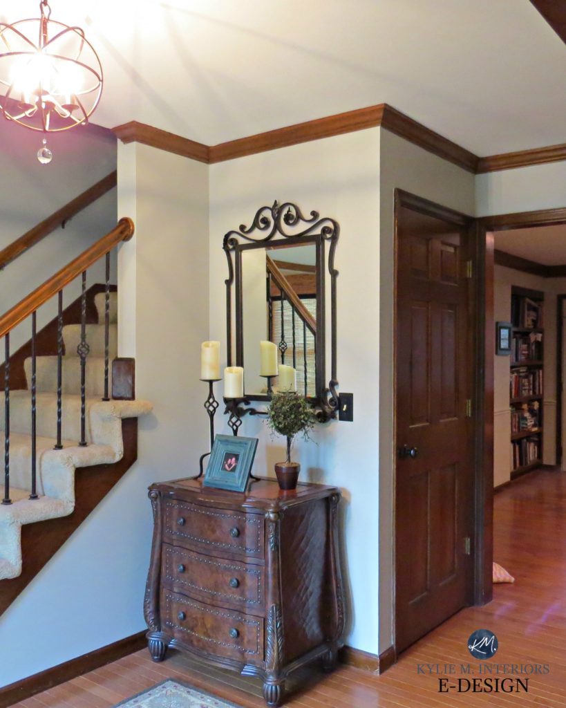 Best paint color for dark wood trim, oak floor. Kylie M Interiors E-design, Benjamin Moore REvere Pewter in entryway and stairs