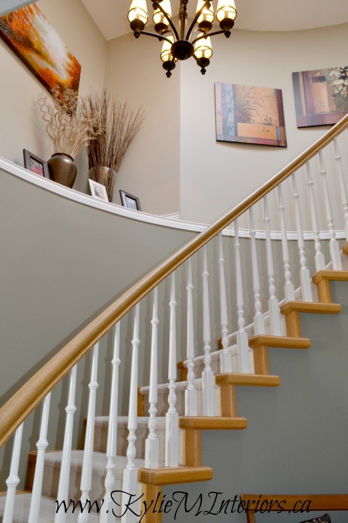 best paint colours for a stairwell with a light or yellow toned oak railing and risers. benjamin moore Sandy Hook Gray and Gettysburg Gray