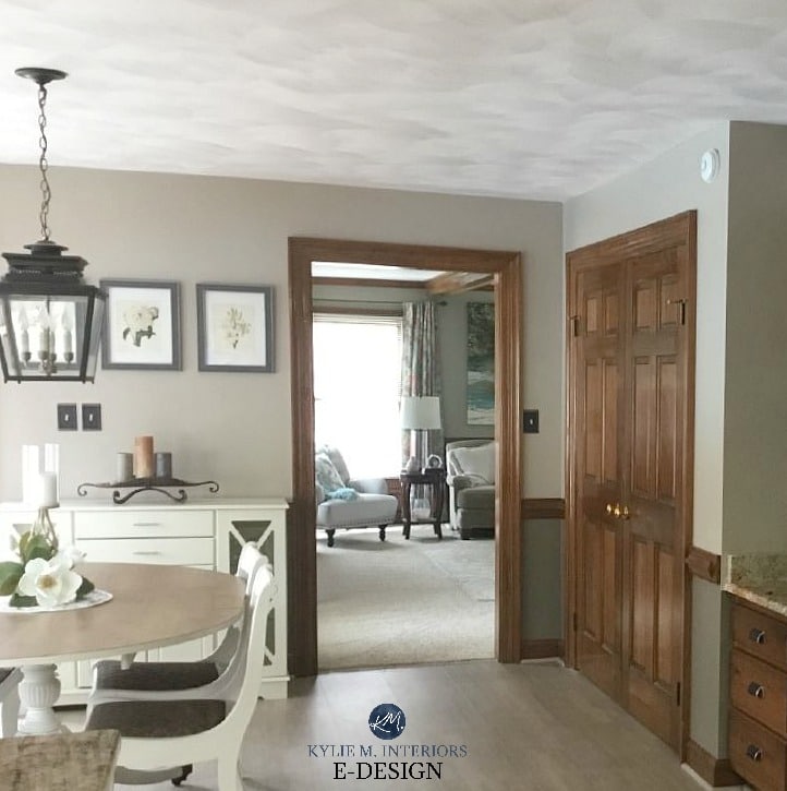 Best paint colours with dark wood trim, Sherwin Williams Balanced Beige and Warm Stone. Kylie M Interiors Edesign, online paint color consulting