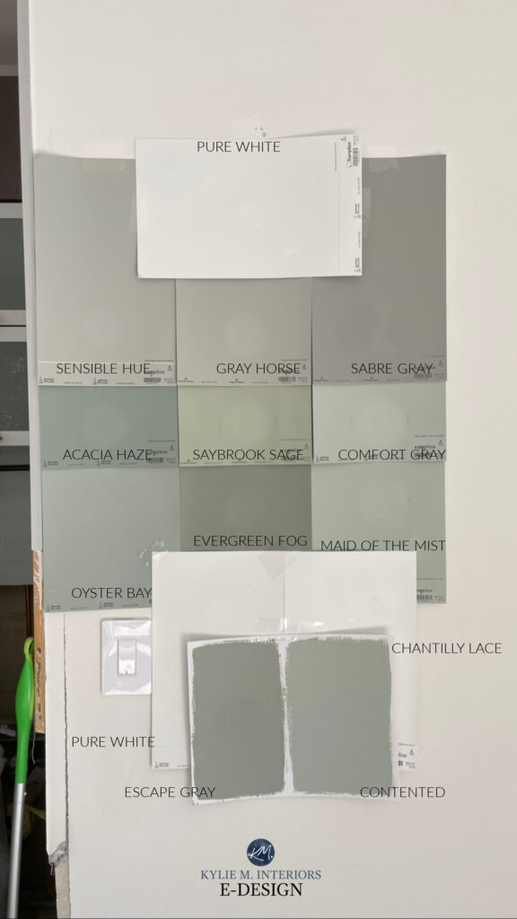 Comparing green gray paint colours, Benjamin and Sherwin best, Comfort Gray, Austere Gray, Saybrook Sage