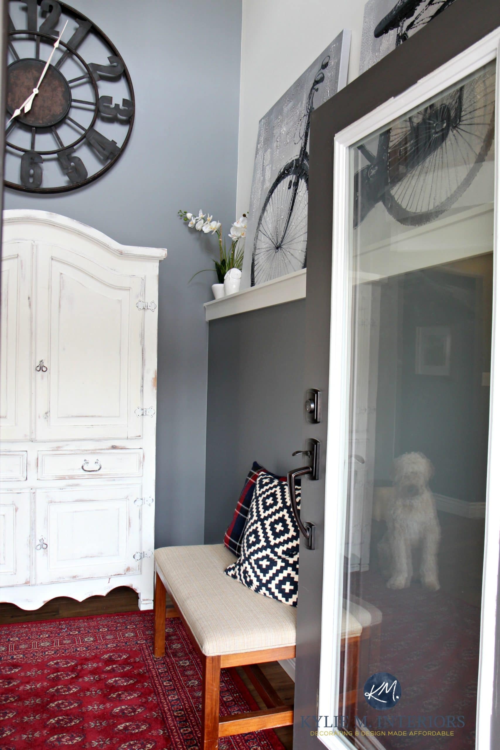 Foyer, entryway with white wood armoire for kids stuff, Benjamin Moore STeel Wool gray paint colour by Kylie M INteriors