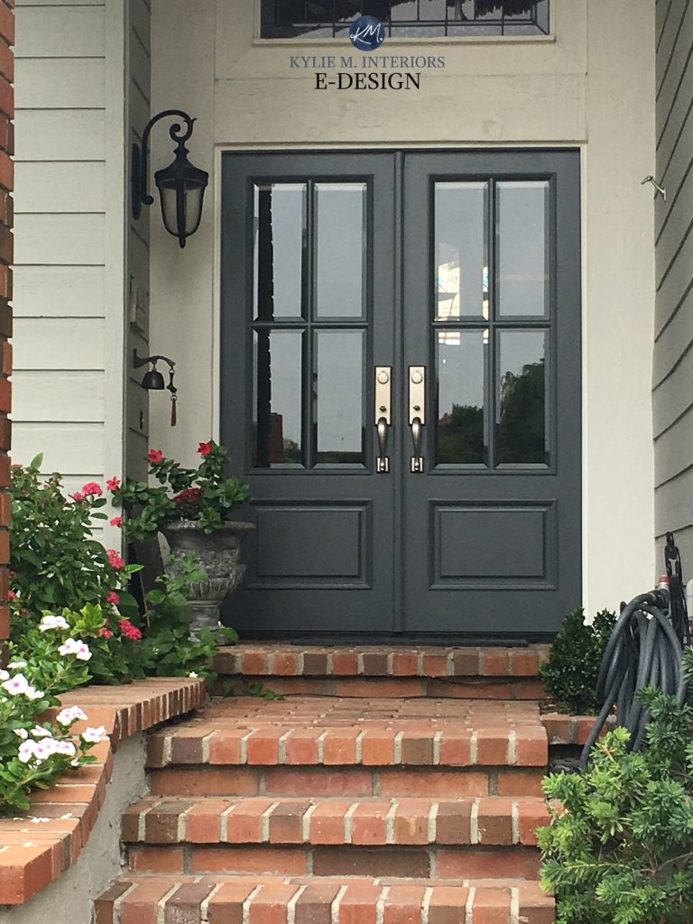 Front door Benjamin Moore Charcoal Slate, red brick stairs on exterior. Kylie M INteriors Edesign, online paint color consulting