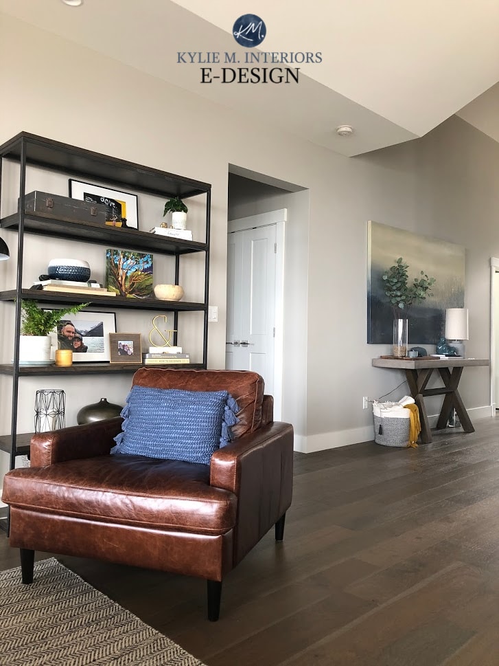 Kylie M Interiors Paint Colour Review of Sherwin Williams Colonnade Gray in home with gray brown wood floors