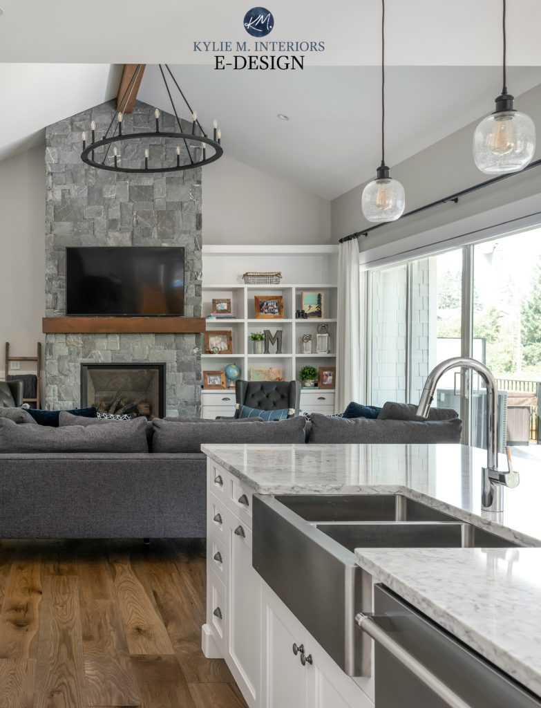Best gray paint colour. Open concept kitchen and living room, Stonington Gray, stone fireplace K2. Kylie M INteriors Edesign. Vaulted ceiling