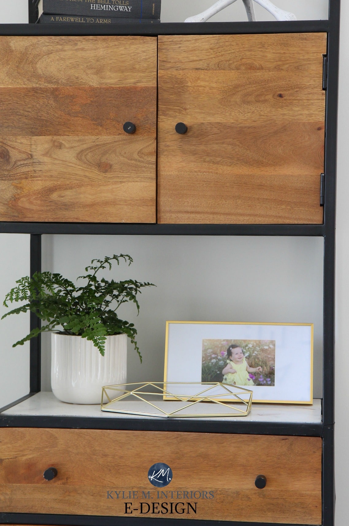 How to create a vignette. Open wood shelving with home decor and organizing for entryway. Kylie M Interiors Edesign. DIY home decorating ideas