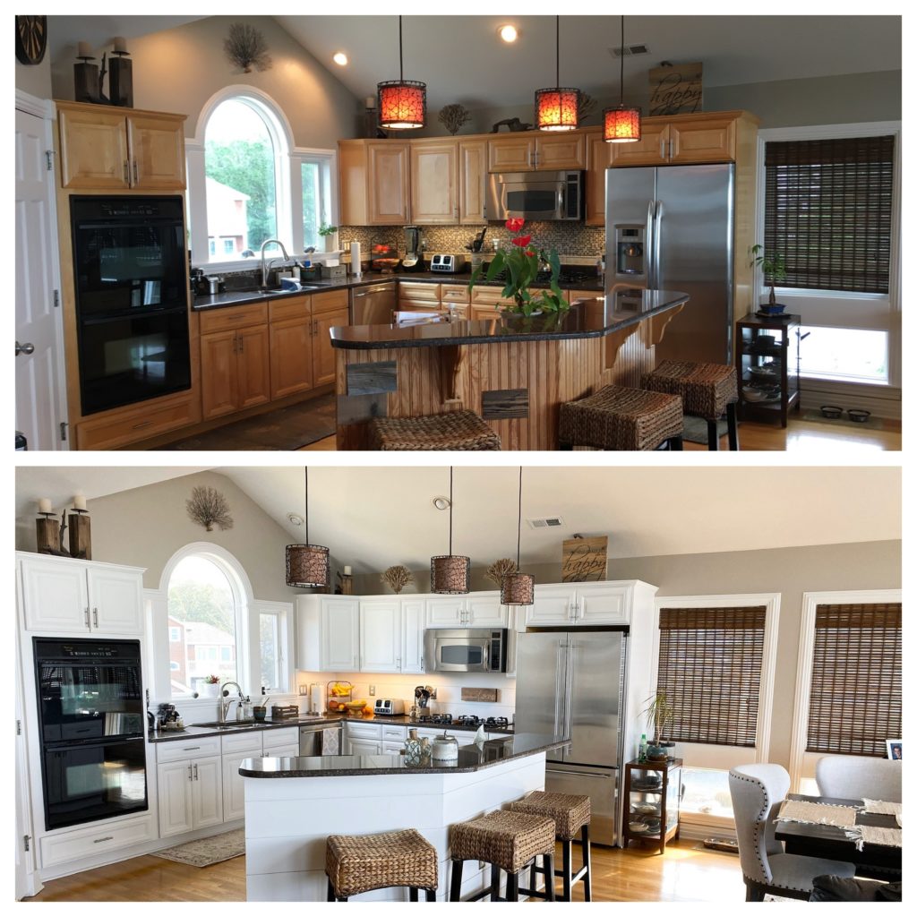 Painted maple kitchen cabinets before and after, similar to Benjamin White Dove. Kylie M Interiors Edesign, update ideas blog