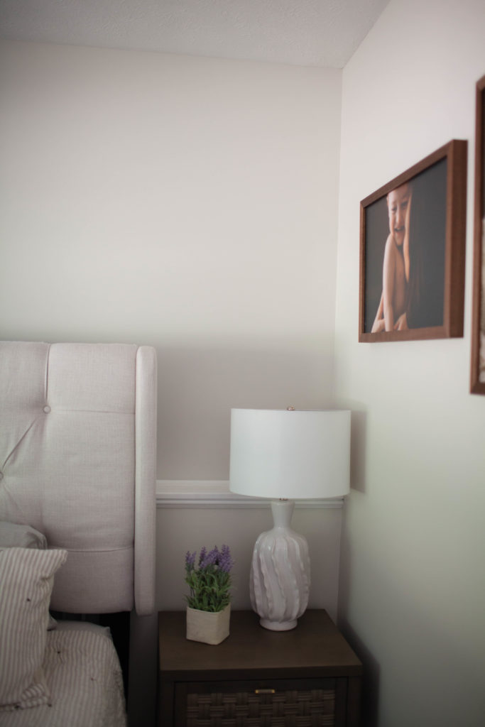 Sherwin Williams Aesthetic White, home decor, neutral fabric headboard, lamp. Kylie M client photo