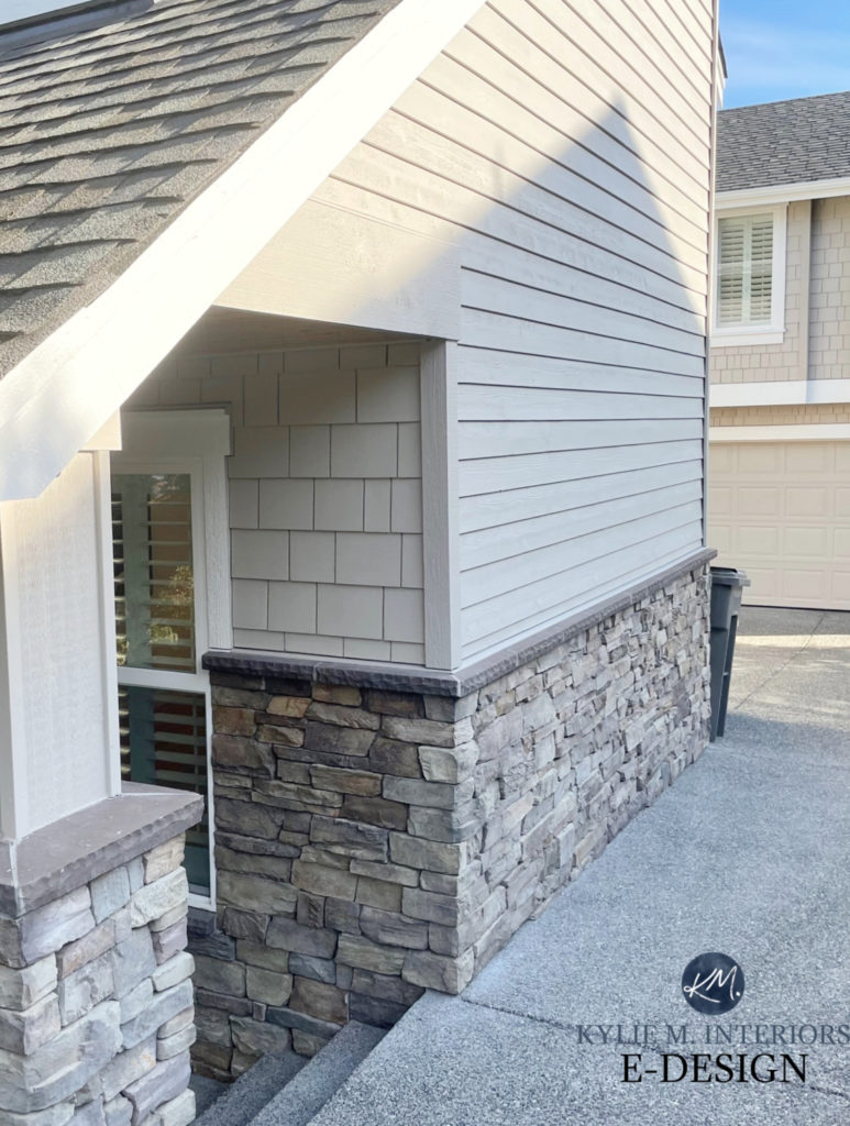 Sherwin Williams Anew Gray darkened on painted exterior siding, rock or stone detail. Kylie M Interiors Edesign