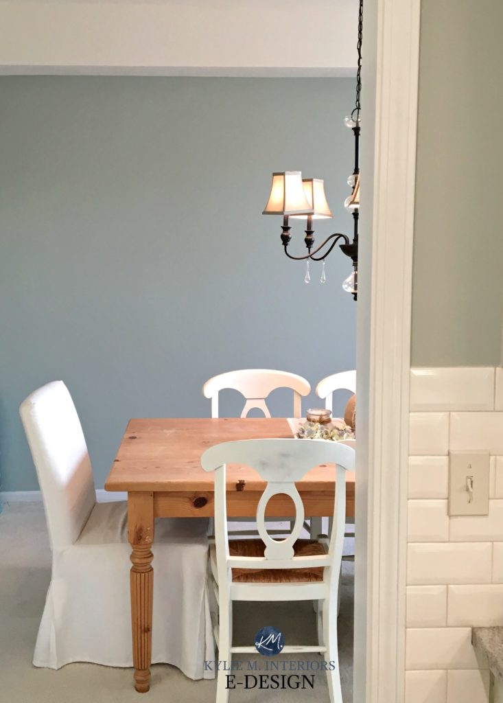 Sherwin Williams Comfort Gray in farmhouse style dining room. Kylie M Interiors Edesign, client before photo