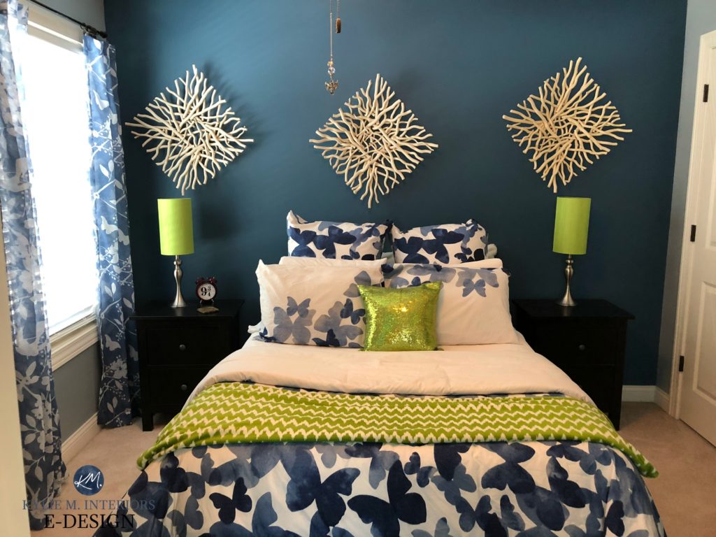 Sherwin Williams Lucerne, dark blue paint colour, lime green accents. Guest bedroom. Kylie M E-design