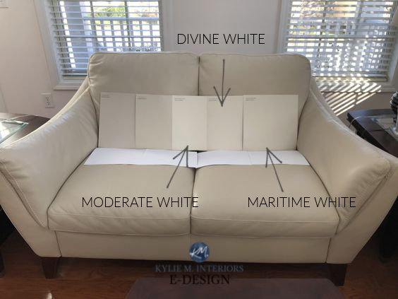 Sherwin Williams Moderate White, Divine White, Benjamin Moore Maritime White difference. Warm off white beige paint colours. Kylie M Edesign