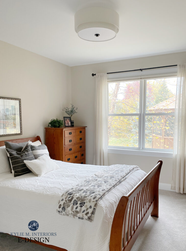 Sherwin Williams Natural Linen, warm taupe beige carpet, bedroom. Best neutral paint colour. Kylie M Edesign