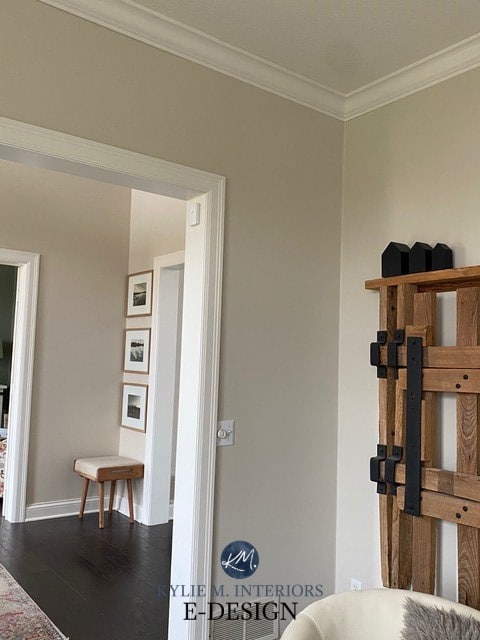 Sherwin Williams Natural Tan with white trim, dark wood floors. Kylie M Interiors Edesign, online paint color consultant