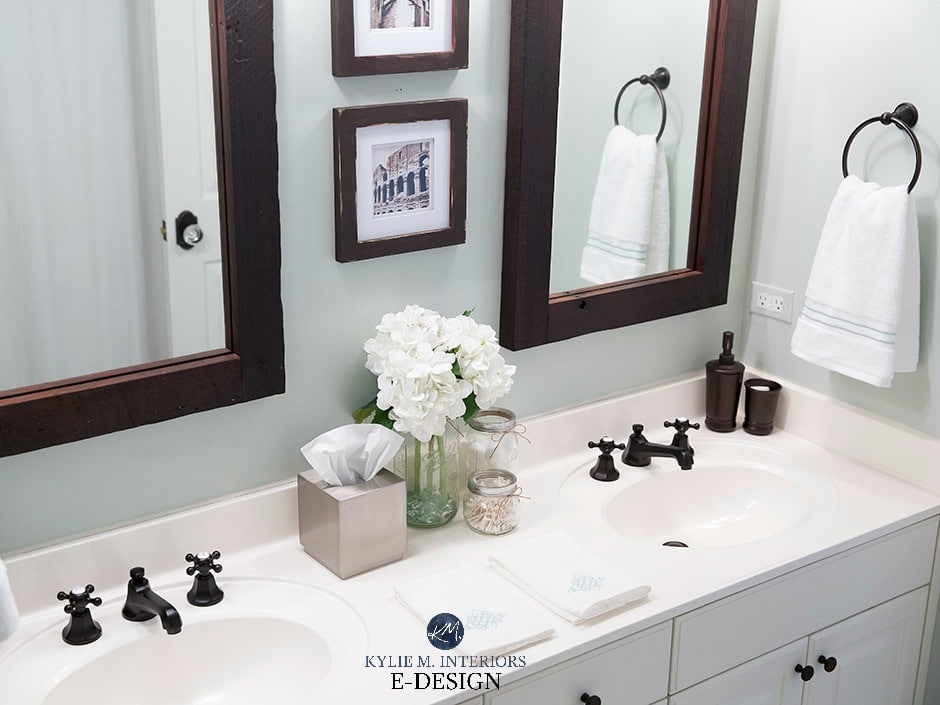 Sherwin Williams Sea Salt in bathroom with white countertop, dark wood mirror. Kylie m INteriors Edesign, paint colour review. Client photo