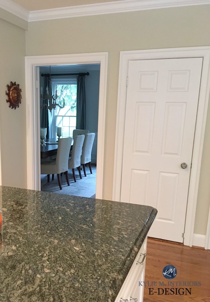 Sherwin Williams Wool Skein, beige with green undertone with green granite. Kylie M Interiors Edesign, online paint color consulting