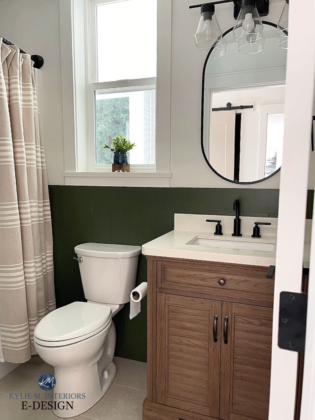 Small bathroom, beige greige tile floor, wood vanity, white quartz, green shiplap wall Shade Grown Sherwin and White Dove