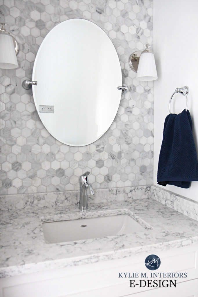 Small bathroom powder room tile and shiplap update ideas. Marble and white quartz, Kylie M Interiors Edesign, diy