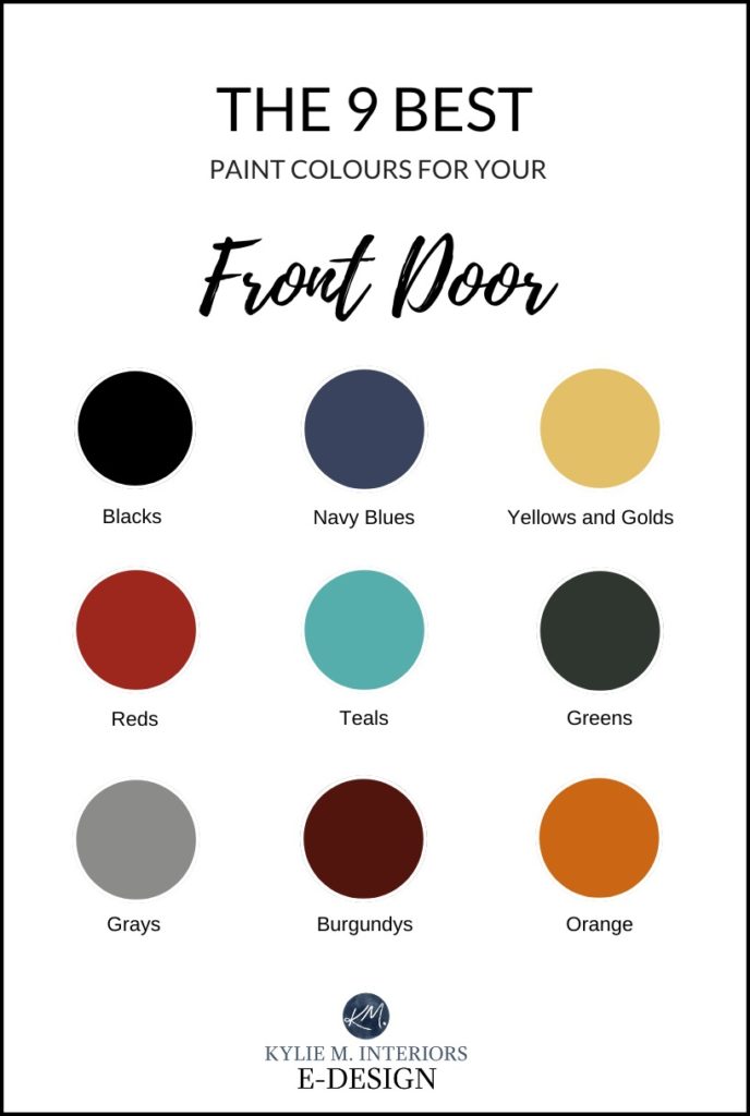 The best paint colours for front door and curb appeal on the exterior. Kylie M Interiors Edesign, navy blue, black, gray, green and more
